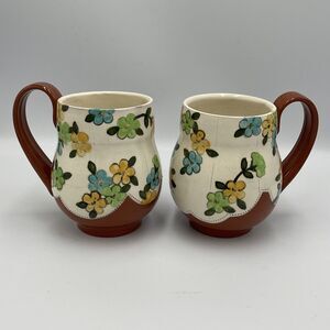Jenn Cole Studio Pottery Set of 2 TALL MUGS Flower Handmade Garden Party Art Flo